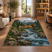 Leaping Deer Stream rug in a living room with a desk and large windows