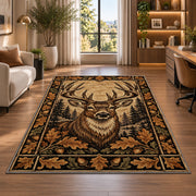 Woodcut Stag rug in a living room with a desk and large windows