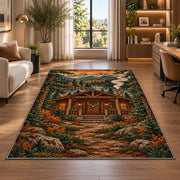 Hunting Cabin rug in a living room with a desk and large windows