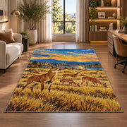 Deer Herd Meadow rug in a living room with a desk and large windows