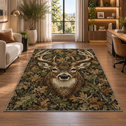 Woodland Camo Buck rug in a living room with a desk and large windows