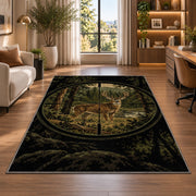 Hunting Scope Buck rug in a living room with a desk and large windows