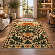 Mountain Lodge Emblem rug in a living room with a desk and large windows
