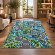 Winding Green City Roads Rug, Blue River Town Area Carpet for Kids Bedroom and Playroom Decor - image 7
