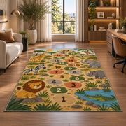 Safari animal hopscotch rug with lions, elephants and numbered stepping circles, shown in a sunlit room