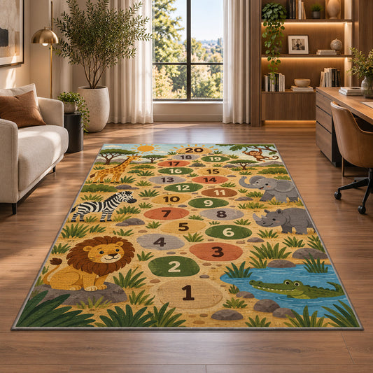 Safari animal hopscotch rug with lions, elephants and numbered stepping circles, shown in a sunlit room