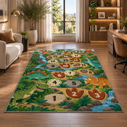 Green dinosaur hopscotch rug with prehistoric plants and numbered footprints, shown in a sunlit room