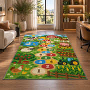 Green farm animal hopscotch rug with numbered circles, barn, tractor and fields, shown in a sunlit room