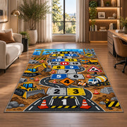 Construction truck hopscotch rug with numbered road tiles, diggers and traffic signs, shown in a sunlit room