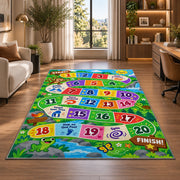 Rainbow adventure game rug with numbered colorful path tiles and activity prompts, shown in a sunlit room