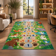 Green animal footprint hopscotch rug with colorful numbers, flowers and friendly animals, shown in a sunlit room