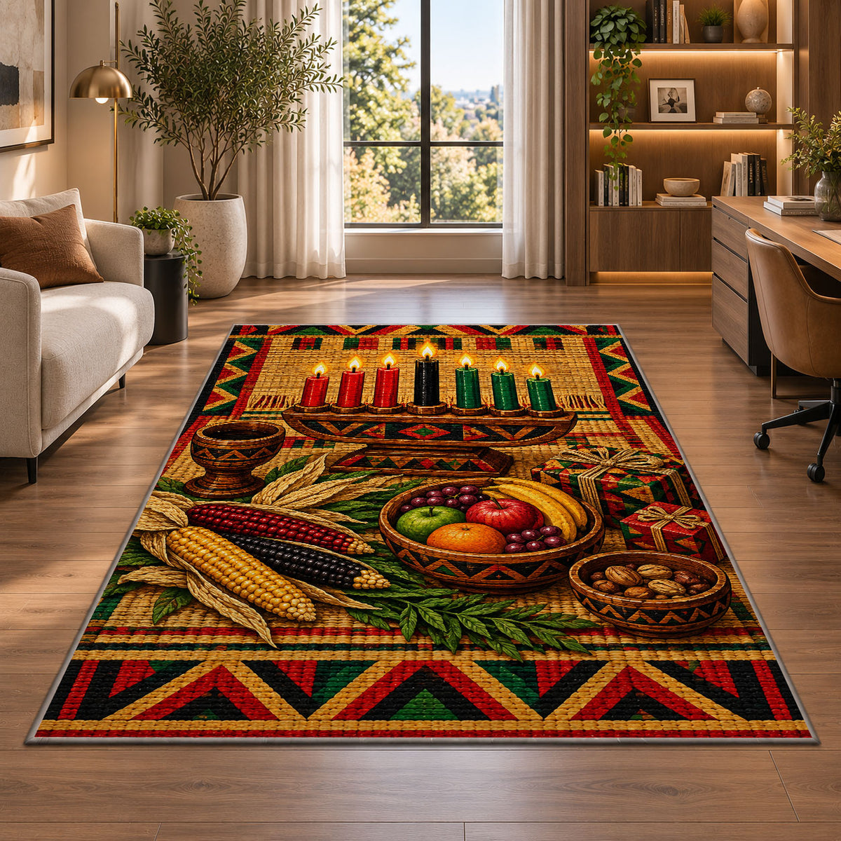 Kwanzaa Table Rug in a living room with a desk and large windows