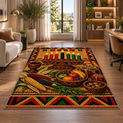 Kwanzaa Table Rug in a living room with a desk and large windows