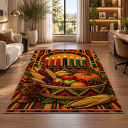 Kwanzaa Harvest Basket Rug in a living room with a desk and large windows