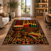 Djembe Drum Kwanzaa Rug in a living room with a desk and large windows