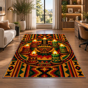 Seven Candles Kwanzaa Rug in a living room with a desk and large windows