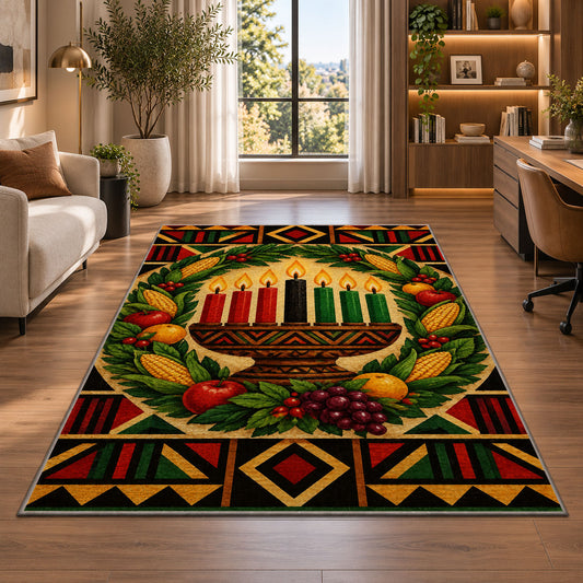 Kwanzaa Wreath Rug in a living room with a desk and large windows
