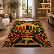 Art Deco Kwanzaa Rug in a living room with a desk and large windows