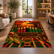 African Sunset Kwanzaa Rug in a living room with a desk and large windows