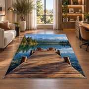 Lake dock with Adirondack chairs rug in a living room with a desk and large windows