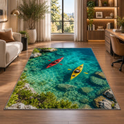Kayaks on turquoise lake rug in a living room with a desk and large windows