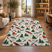 Lake life pattern rug in a living room with a desk and large windows
