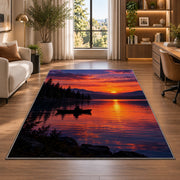 Lake sunset fishing rug in a living room with a desk and large windows