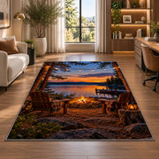 Lakeside campfire with chairs rug in a living room with a desk and large windows