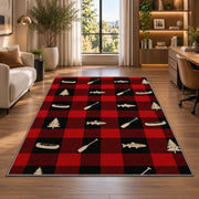 Buffalo plaid lake icons rug in a living room with a desk and large windows