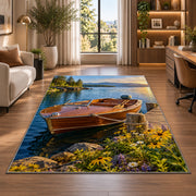 Classic wooden boat at dock rug in a living room with a desk and large windows