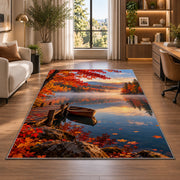Autumn lake with rowboat rug in a living room with a desk and large windows