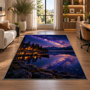 Milky Way over lake cabin rug in a living room with a desk and large windows