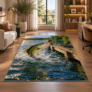 Bass jumping by dock rug in a living room with a desk and large windows