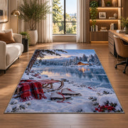 Frozen lake winter scene rug in a living room with a desk and large windows