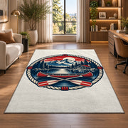Lake house badge emblem rug in a living room with a desk and large windows