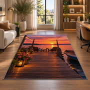 Dock with string lights at sunset rug in a living room with a desk and large windows