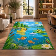 Cartoon pond with duck and frog rug in a living room with a desk and large windows