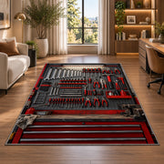 Mechanic tool pegboard rug in a living room with a desk and large windows