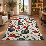 Auto repair tools pattern rug in a living room with a desk and large windows