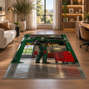 Classic car on a garage lift rug in a living room with a desk and large windows