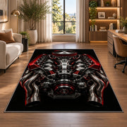 V8 engine from above rug in a living room with a desk and large windows