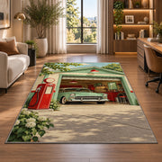 Retro garage with gas pump rug in a living room with a desk and large windows