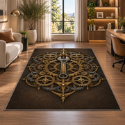 Copper gear mandala rug in a living room with a desk and large windows