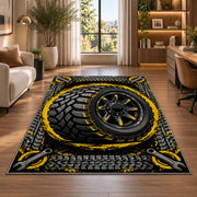 Tire with tire tracks rug in a living room with a desk and large windows