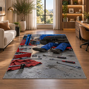 Mechanic working under a car rug in a living room with a desk and large windows
