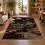 Old pickup truck in a rustic garage rug in a living room with a desk and large windows