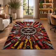 Tools radiating around a gear rug in a living room with a desk and large windows