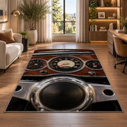 Vintage dashboard gauges rug in a living room with a desk and large windows