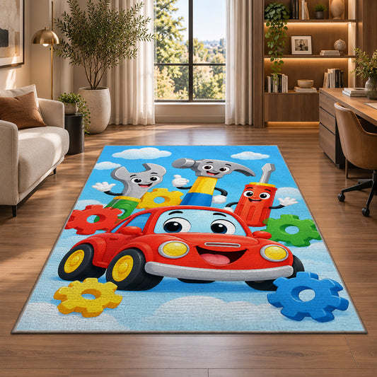 Cartoon tools with smiling faces rug in a living room with a desk and large windows