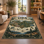 Vintage USA national parks map rug in a bright home office